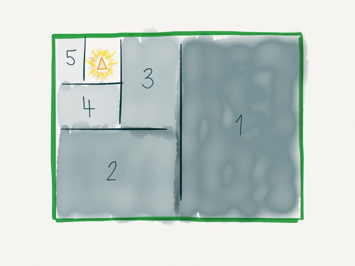 Hand-drawn grid with numbers 1-5 and a yellow sun symbol, outlined in green on a grey background.
