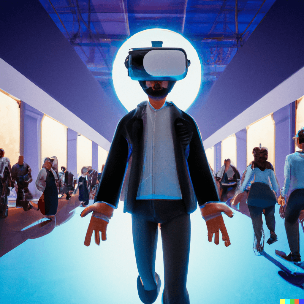Person wearing VR headset in futuristic blue corridor with glowing halo effect, surrounded by digital avatars.