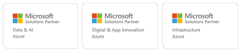 The image features 3 Microsoft Solutions Partner badges for Futurice, one each for Digital & App Innovation Azure (Specialist, Modernizaiton of Web Applications), Data & AI Azure, and Infrastructure Azure.