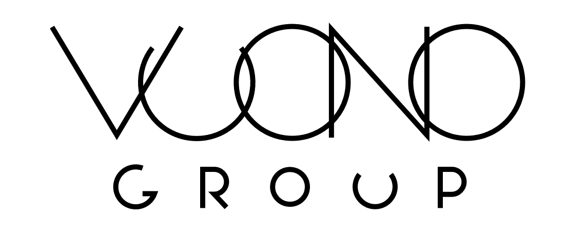 Minimalist black logo for VONO GROUP with stylized lettering featuring geometric lines and circular elements.