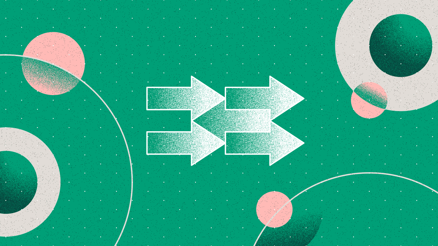 Abstract green graphic with four white arrows pointing right, surrounded by pink and teal circular shapes.