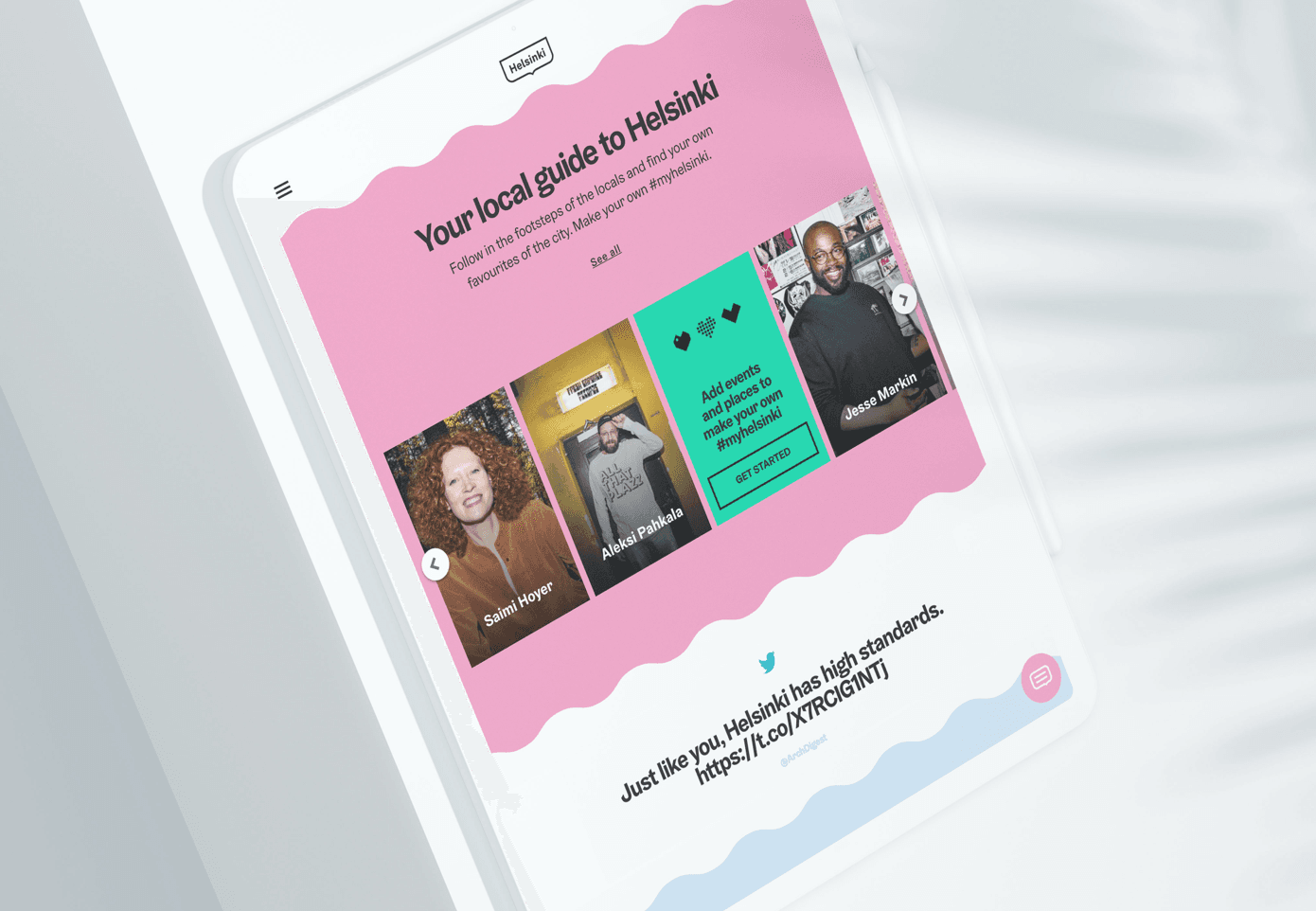 Mobile screen showing Helsinki local guide website with pink background, featuring local ambassadors and event options.
