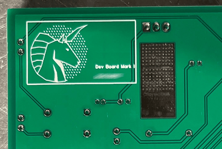 Green circuit board with white unicorn logo and "Dev Board Work" text, featuring electronic components and pathways.