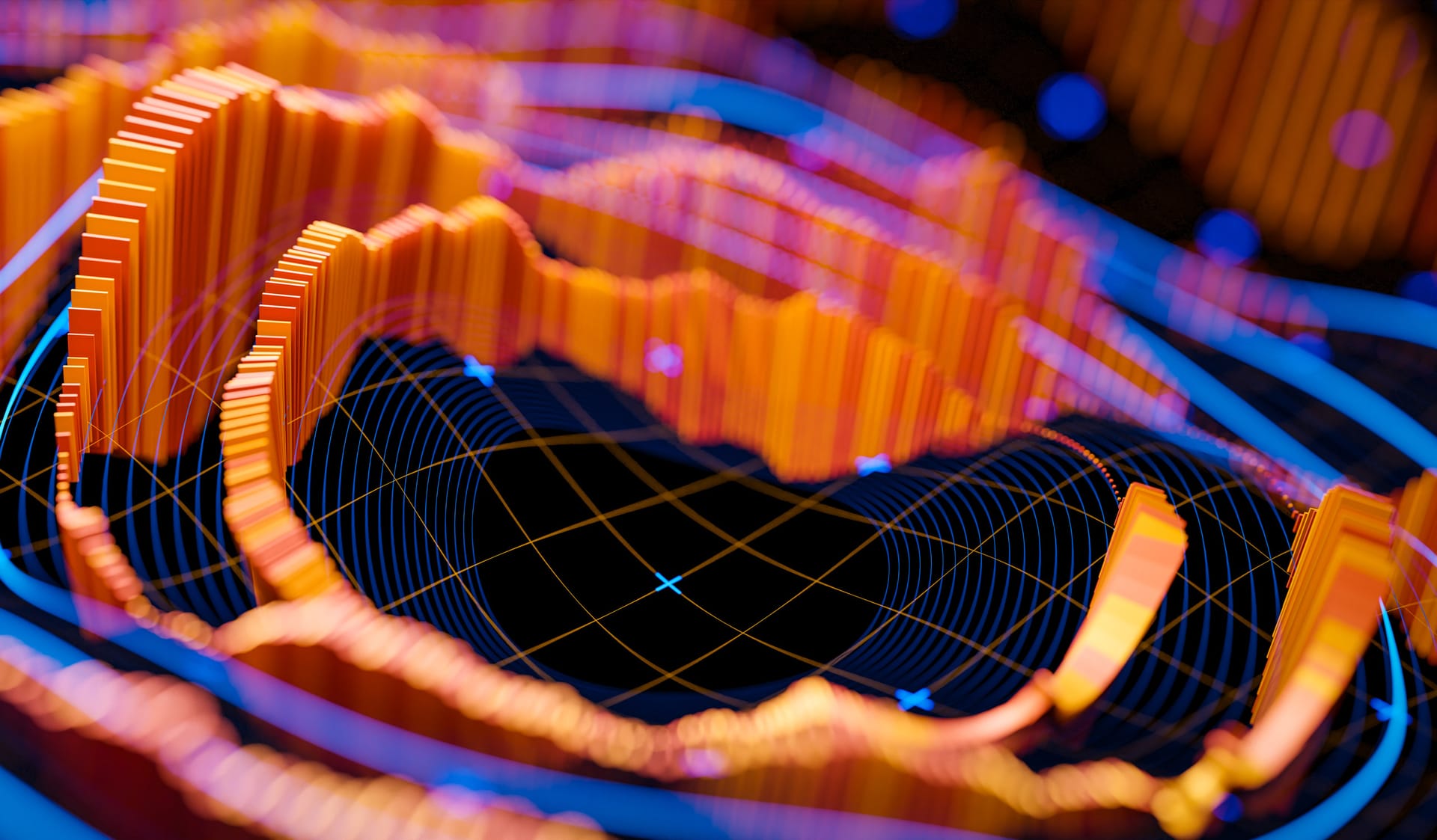 Abstract digital data visualization with orange vertical bars and blue grid lines forming a 3D topographical pattern.