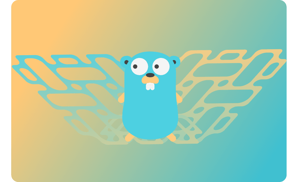 Cartoon blue gopher mascot with large eyes and prominent front teeth against a gradient orange-teal background.