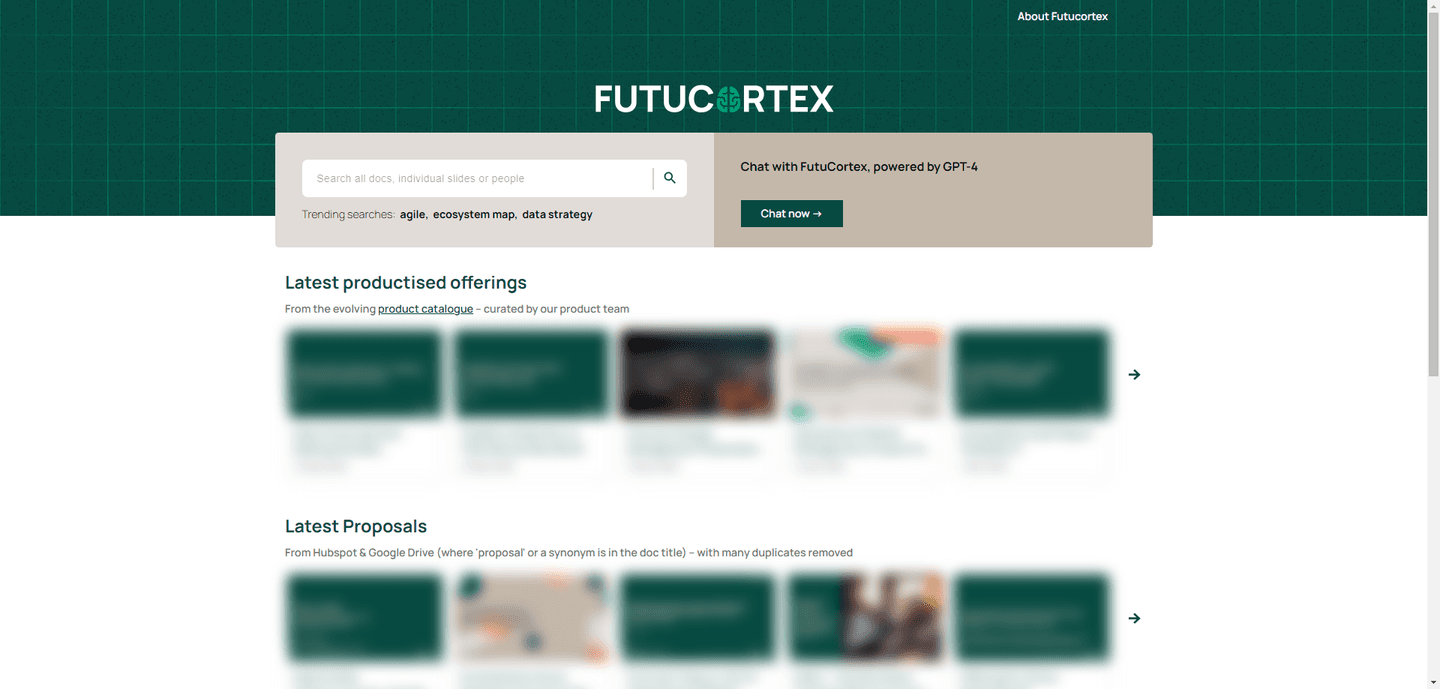 Blurred screenshot of FutuCortex  - a Futurice internal knowledge center - user interface
