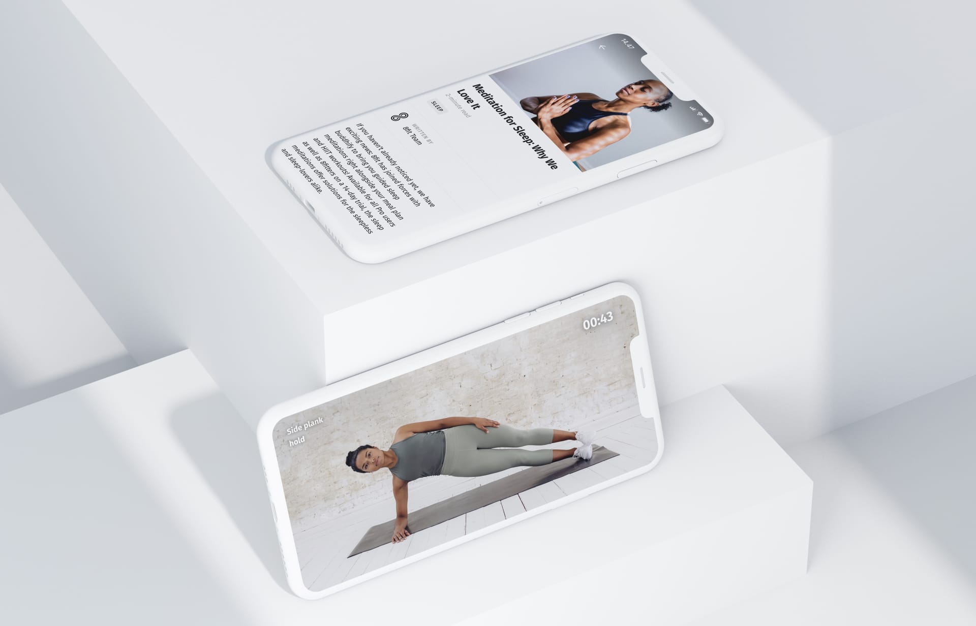 Two smartphones displaying a fitness app with workout profiles and a person performing a side plank exercise.
