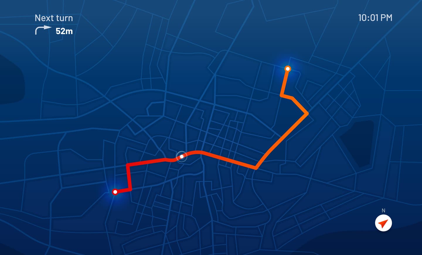Navigation map showing route with orange and red path, next turn in 52m, time 10:01 PM, compass in bottom corner.
