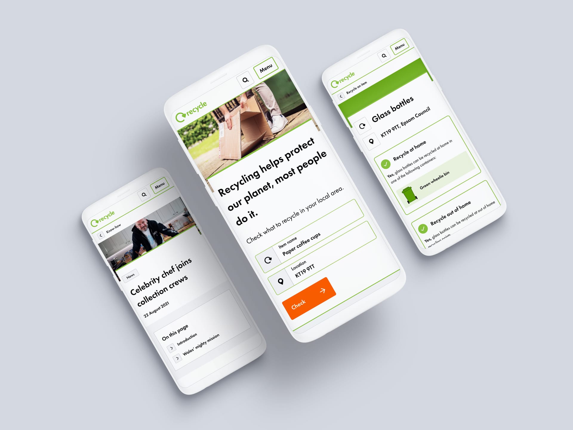 Three smartphones displaying the Recycle app interface with recycling information, search features and green branding.