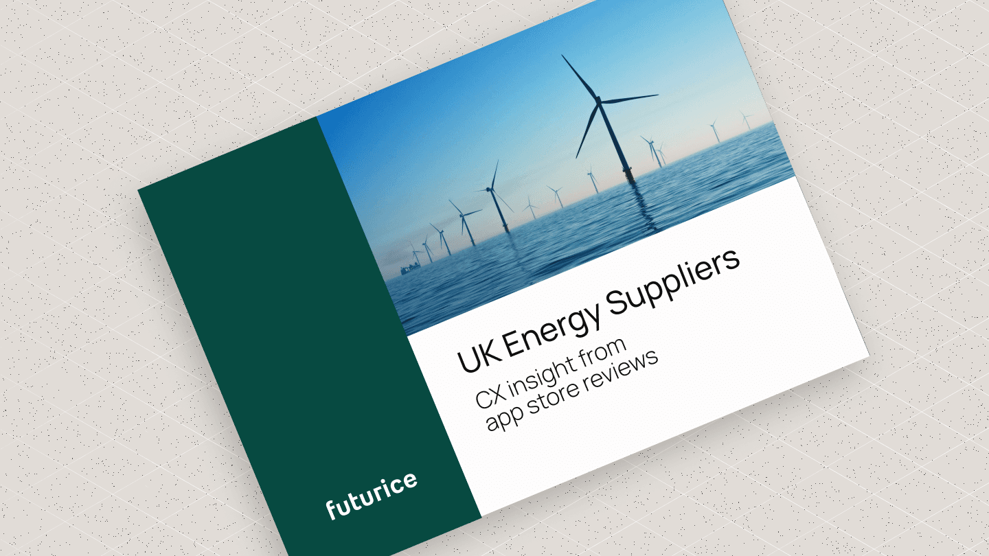 A book cover featuring an offshore wind farm with the text "UK Energy Suppliers: CX insight from app store reviews".