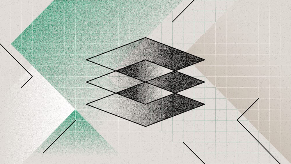 Abstract geometric design with stacked diamond shapes in black gradient on a grid background with mint green and beige elements.