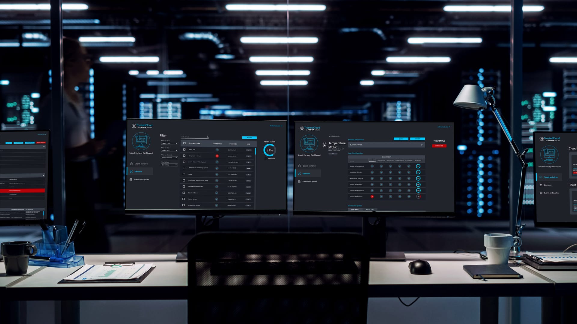 Dark control room with dual monitors displaying factory dashboard interfaces, desk lamp and coffee cup visible.