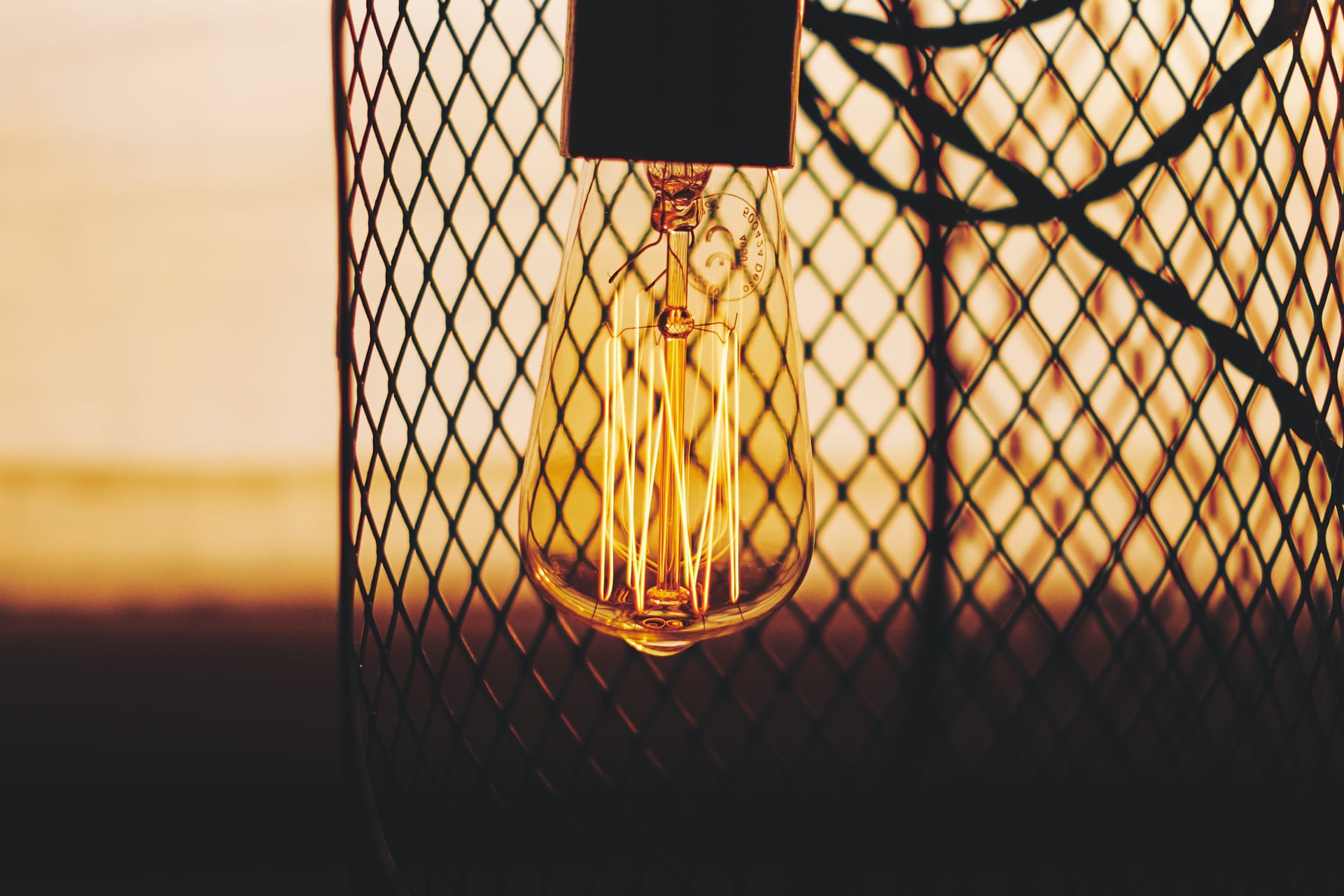 Vintage Edison light bulb with glowing filament hanging against wire mesh backdrop in warm amber lighting.