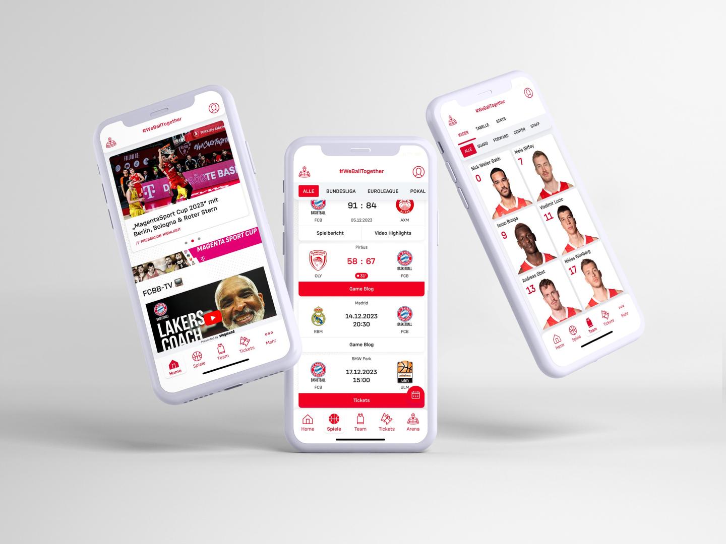 Shows 3 mobile phones with different screens and features from the FCBB fan app 