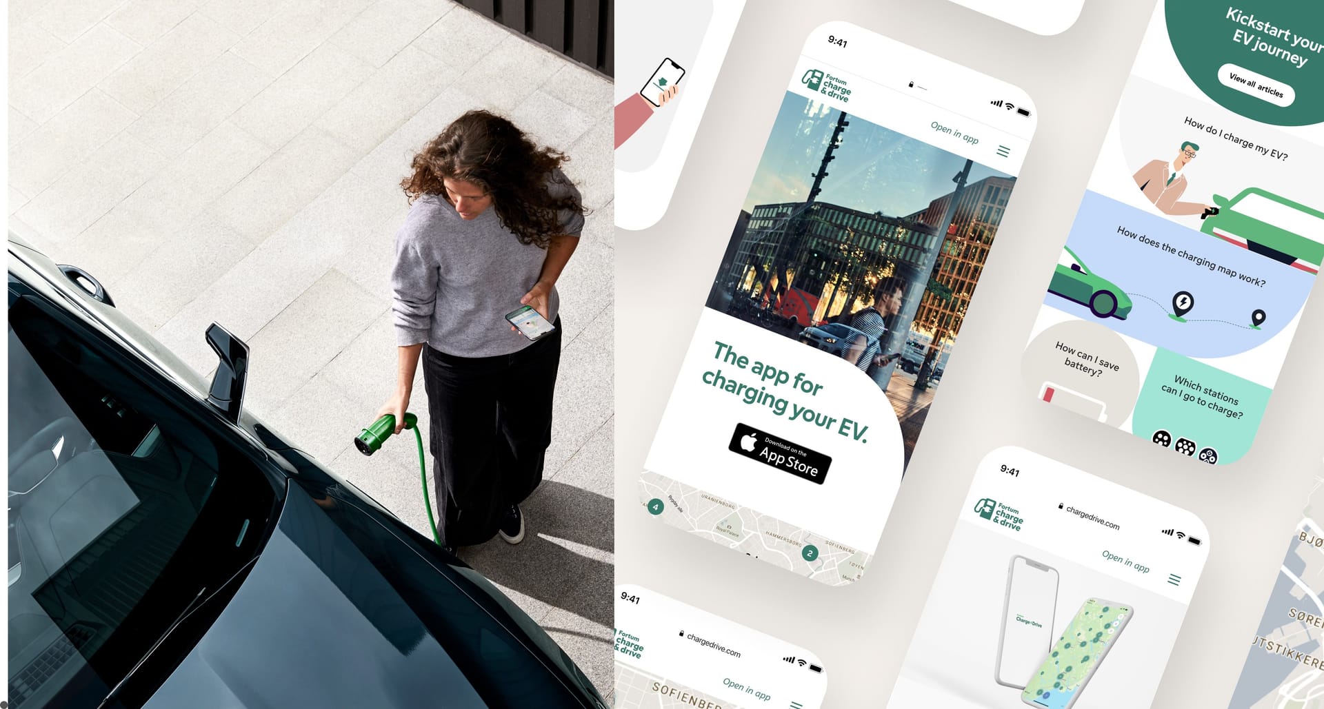 Person charging electric vehicle alongside mobile app screens showing EV charging features and information.