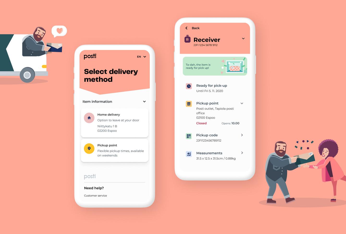 Image features Posti app's new and improved UX design using the app interface for Selection of delivery method on the sender's screen and the Receiver's side detail screen.