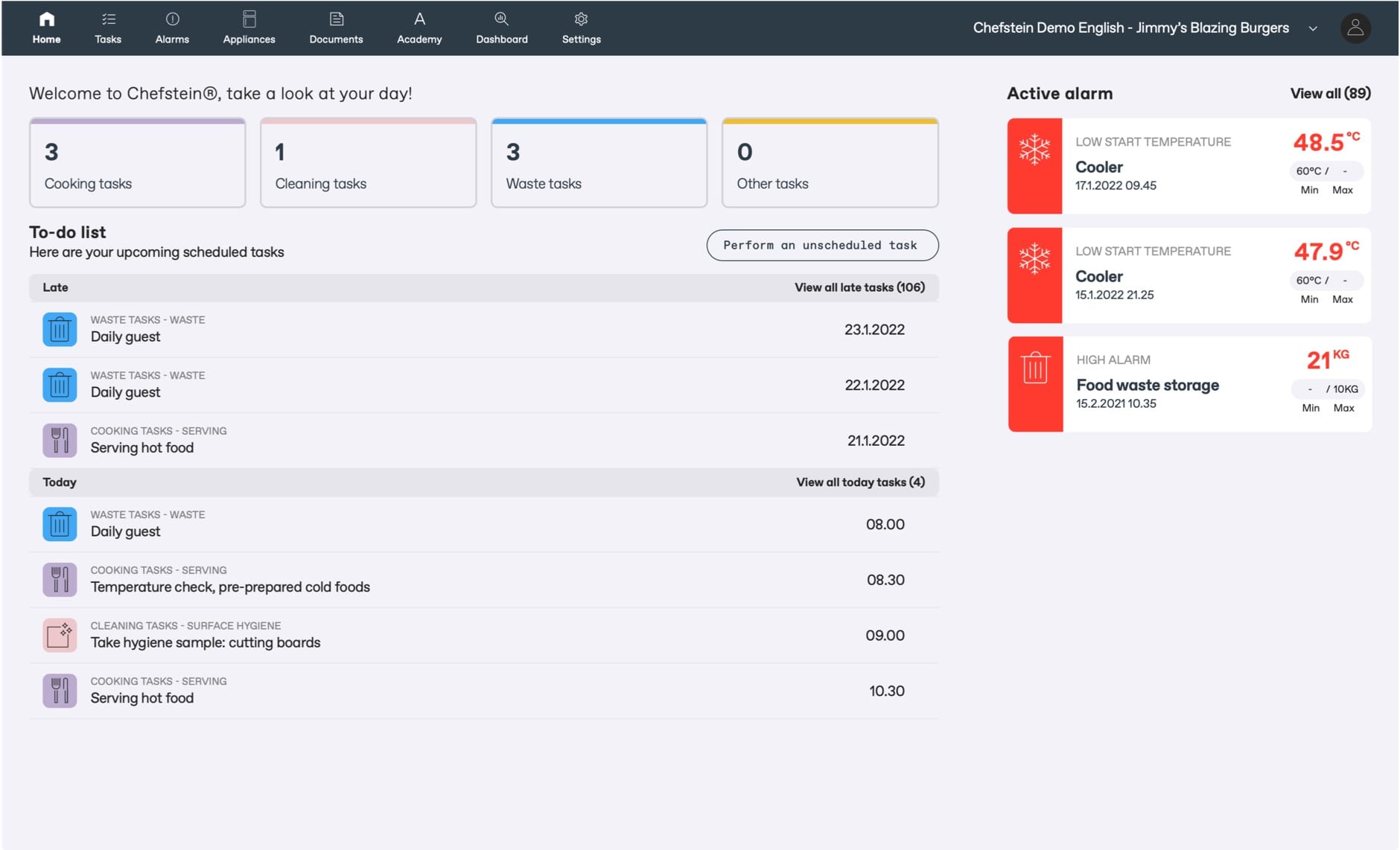 Chefstein restaurant management dashboard showing task lists, temperature alarms for coolers, and scheduled kitchen activities.